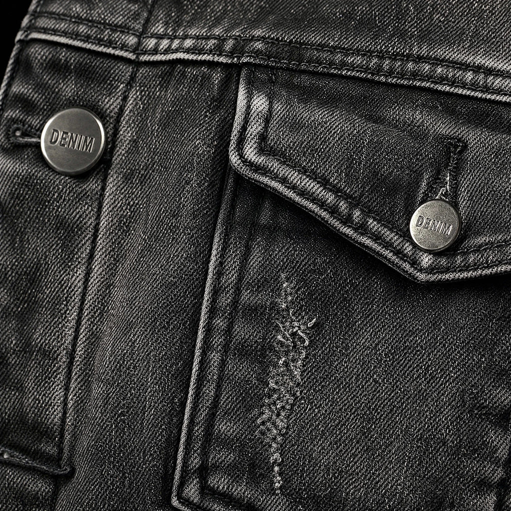 Veste en jean à revers simple boutonnage vintage - close-up détail matière