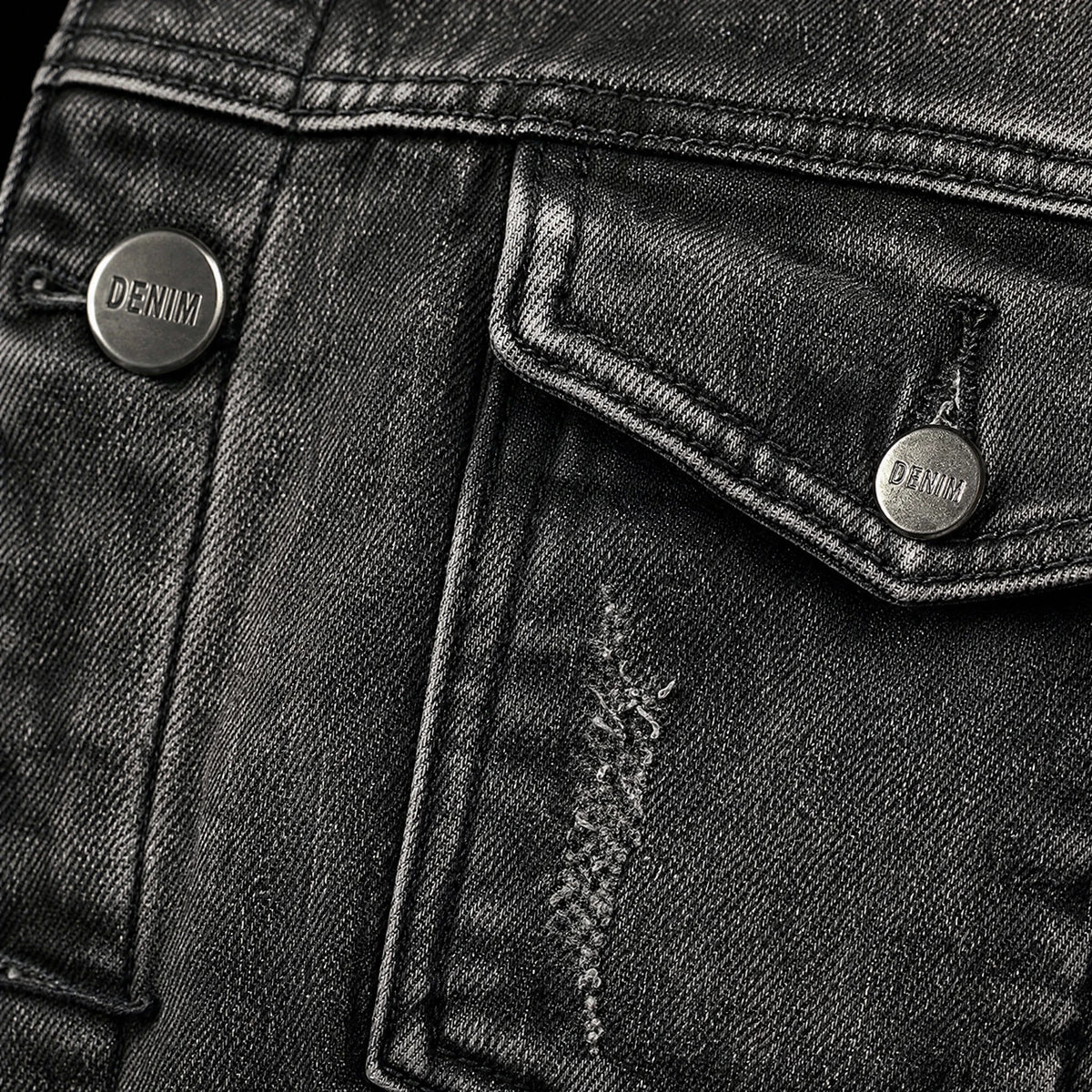 Veste en jean à revers simple boutonnage vintage - close-up détail matière