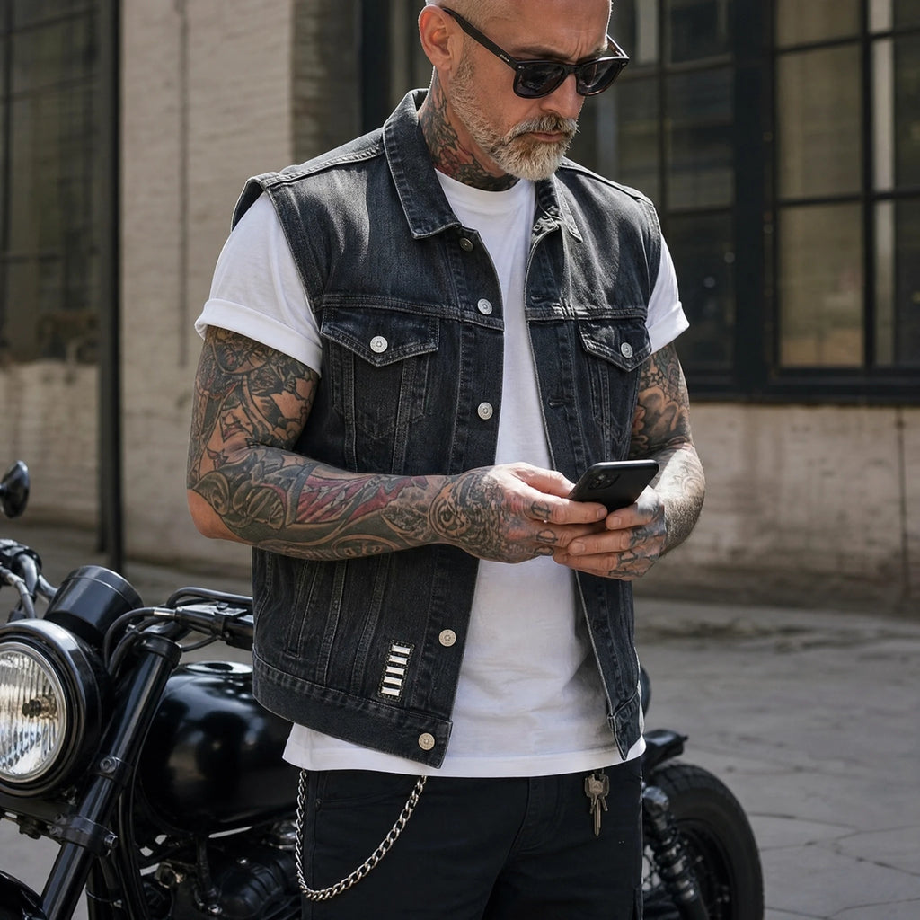 Veste en jean moto vintage imprimé tête de mort - Utilisation GLOBALE