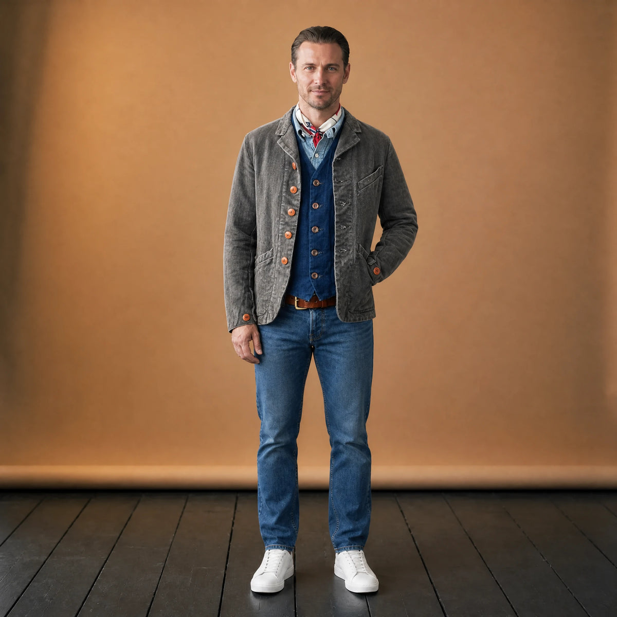 Veste Vintage Homme Grise à Boutons en Velours Côtelé - VETEMENT Studio HOMME