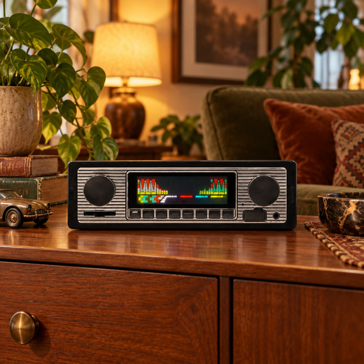 Autoradio vintage bluetooth à façade chromée installé et allumé dans le tableau de bord d'une voiture Imagen