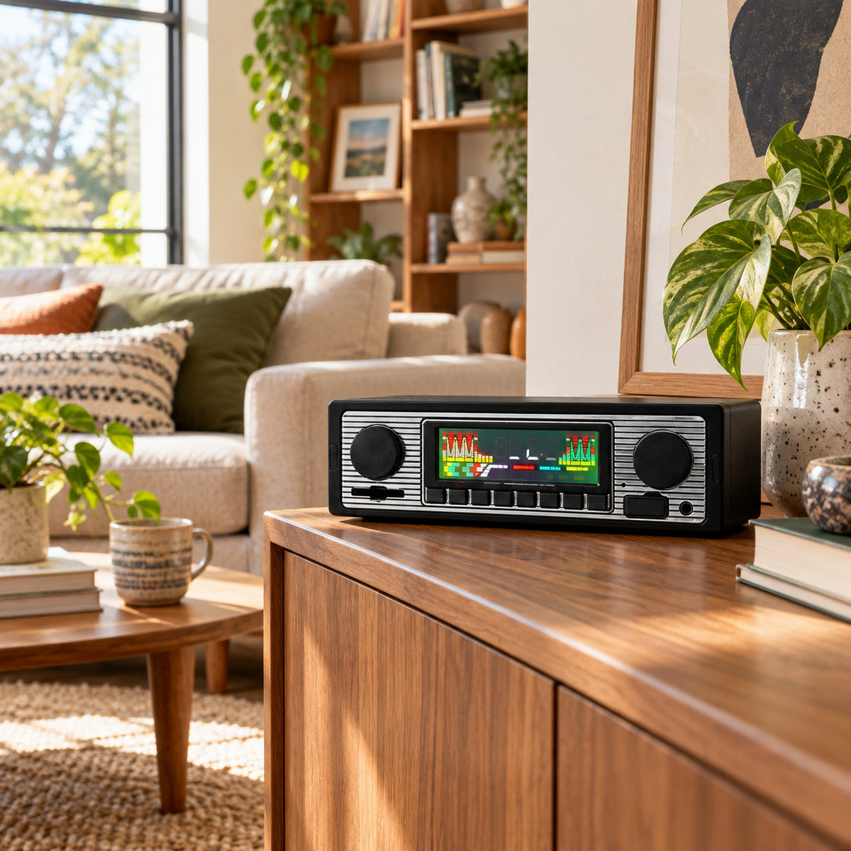Vue large de l'habitacle d'une voiture avec l'autoradio vintage bluetooth à façade chromée en place Imagen