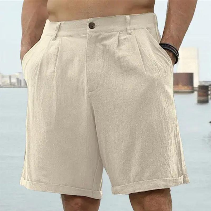 short-plage-boutonne-couleur-unie-coton-lin-vintage